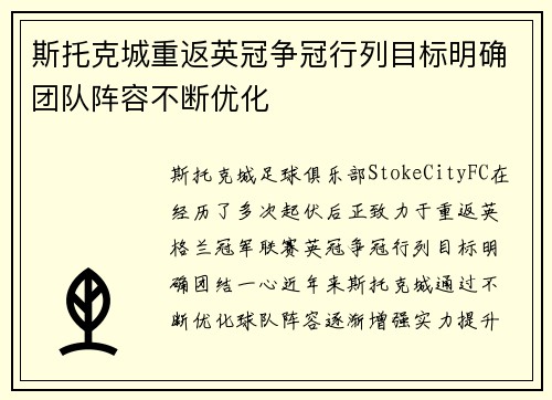 斯托克城重返英冠争冠行列目标明确团队阵容不断优化 斯托克城重返英冠争冠行列目标明确团队阵容不断优化