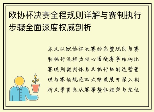 欧协杯决赛全程规则详解与赛制执行步骤全面深度权威剖析 欧协杯决赛全程规则详解与赛制执行步骤全面深度权威剖析
